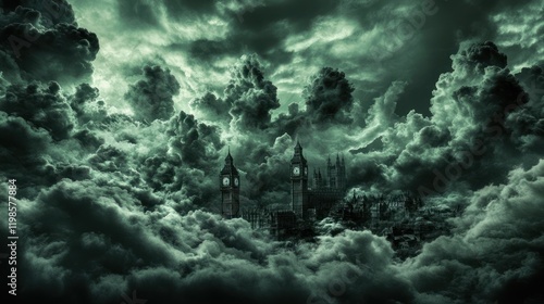 Dark, ominous clouds engulfing a city, possibly London, with iconic structures like Big Ben partially visible amidst the stormy sky. photo