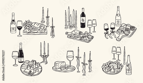 Hand drawn wine with charcuterie boards collection