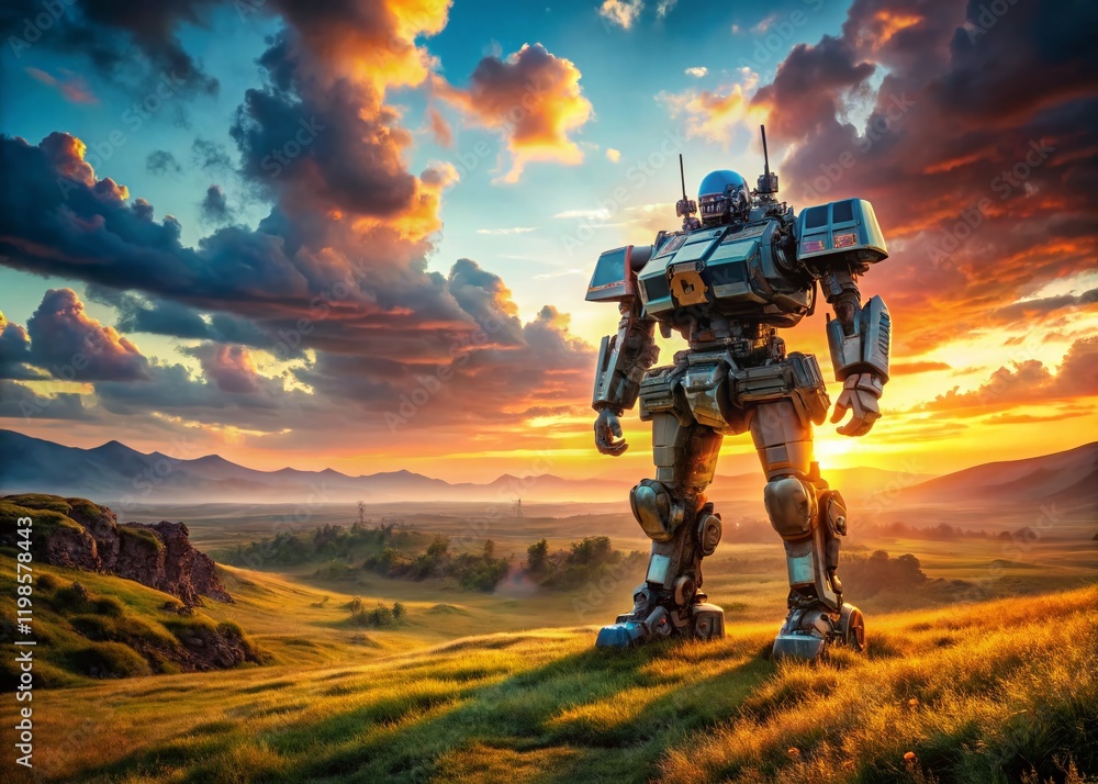 Futuristic Armored Robot, Red Eyes, Heavy Weaponry, Advanced Technology, Sci-Fi Landscape