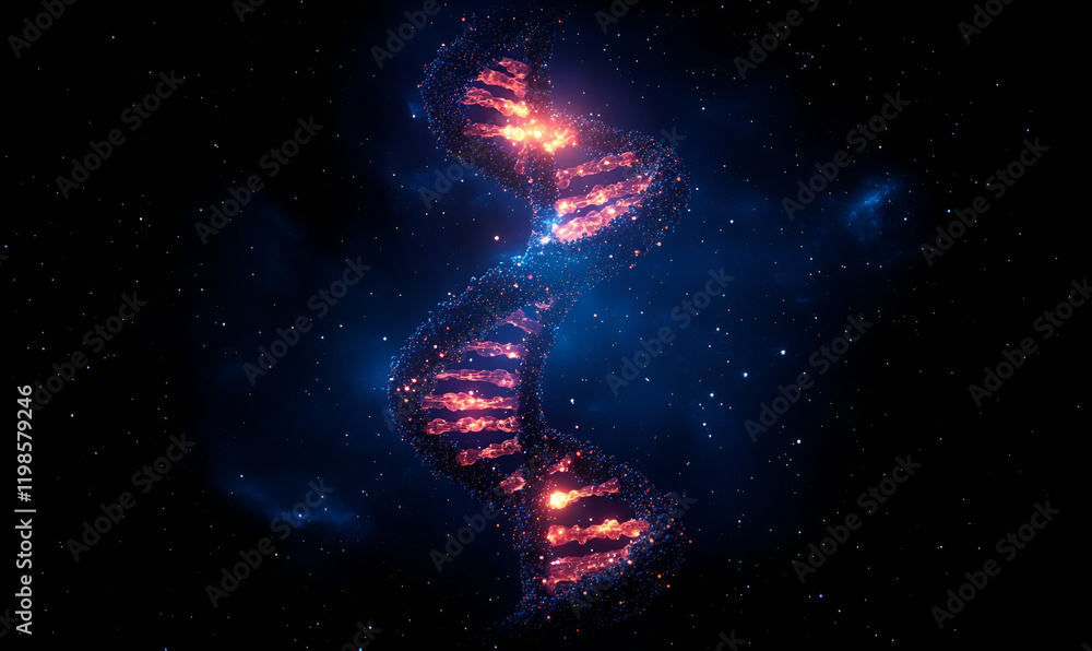 Obraz premium Glowing DNA helix in space; science concept