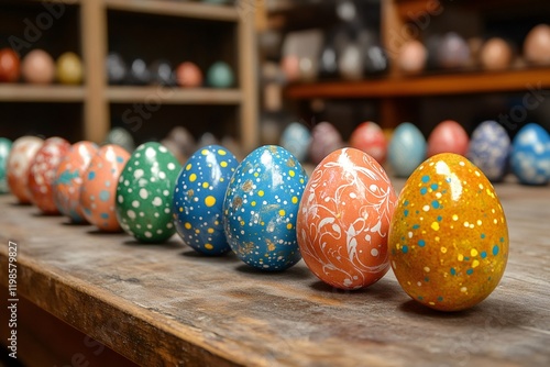 Colorful easter eggs resting on rustic wooden table in workshop photo