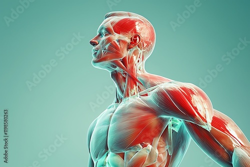 Detailed high-resolution 3D depiction of a male's shoulder joint inflammation.
