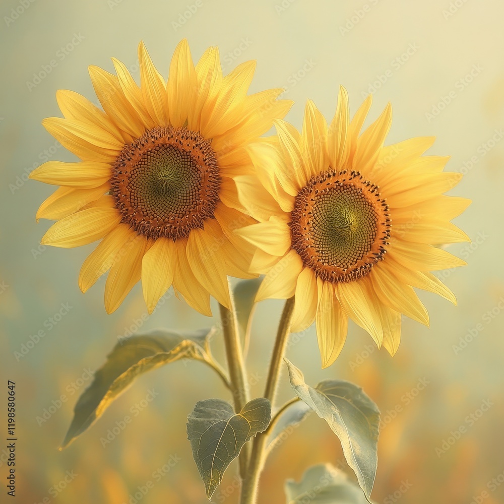 Obraz premium Two Sunflowers Digital Background with Natural Light, Generative AI