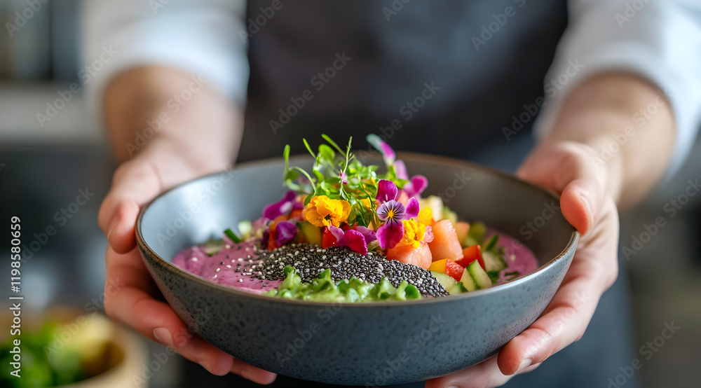 A vibrant, colorful bowl of fresh salad topped with edible flowers, seeds, and various vegetables, presented by a person in a kitchen setting. A vibrant, colorful bowl of fresh salad topped with edible flowers, seeds, and various vegetables, presented by a person in a kitchen setting.
