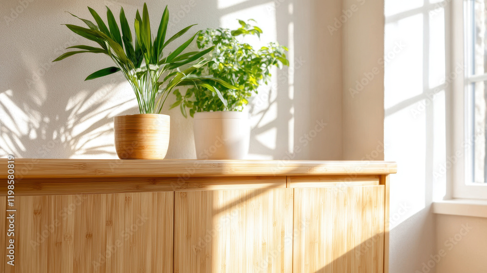 Fototapeta premium Eco friendly kitchen with bamboo cabinet and potted plants, showcasing sustainable design and natural light. serene atmosphere enhances space appeal
