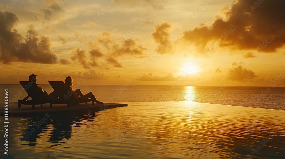 Couple relaxing poolside at sunset, ocean view Couple relaxing poolside at sunset, ocean view