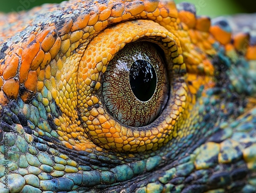 A mesmerizing close-up showcasing the intricate details of a lizard's eye and its vibrant, textured skin. photo