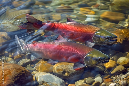 Salmon spawning in a beautiful river during the fall season as they return to their natal streams to reproduce and continue the cycle of life in their natural habitat photo