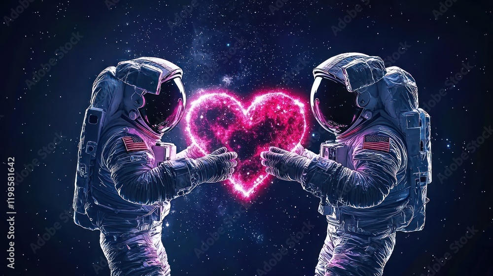 Two astronauts in space share a glowing heart, symbolizing love and connection against a starry backdrop. Two astronauts in space share a glowing heart, symbolizing love and connection against a starry backdrop.