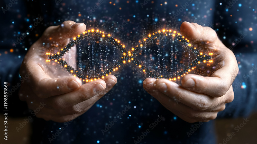 Hands holding DNA, cosmic background, genetic research Hands holding DNA, cosmic background, genetic research