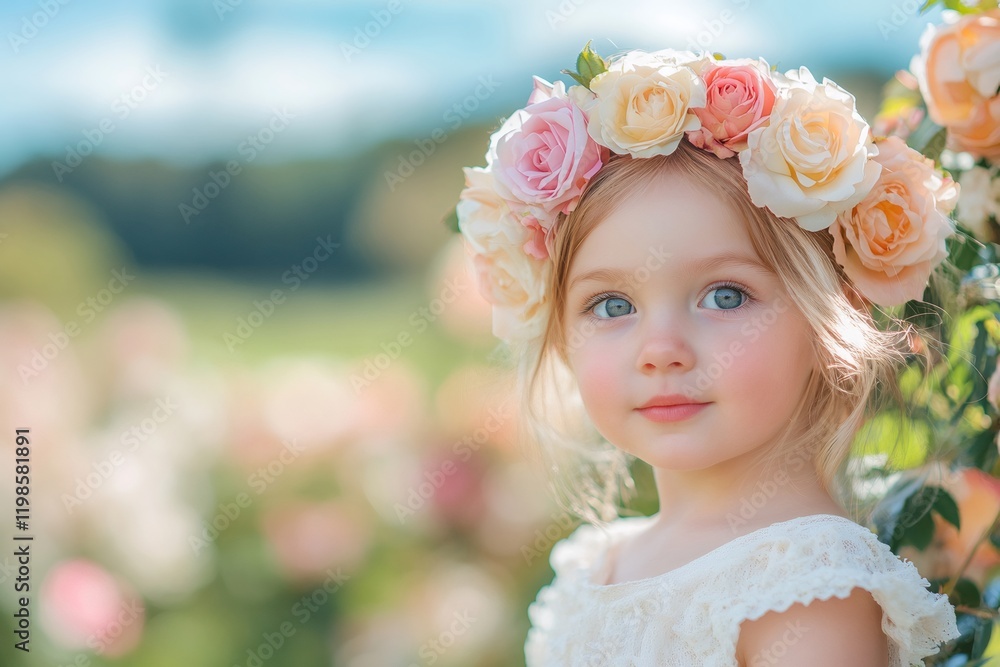 Portrait of adorable little girl wearing roses crown in blooming garden Portrait of adorable little girl wearing roses crown in blooming garden