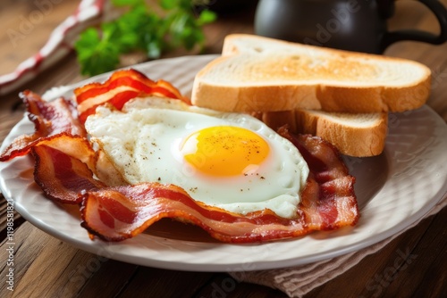 Enjoying a morning breakfast featuring crispy bacon, perfectly cooked eggs, and toast served on a plate, perfect for starting the day with a delicious meal photo