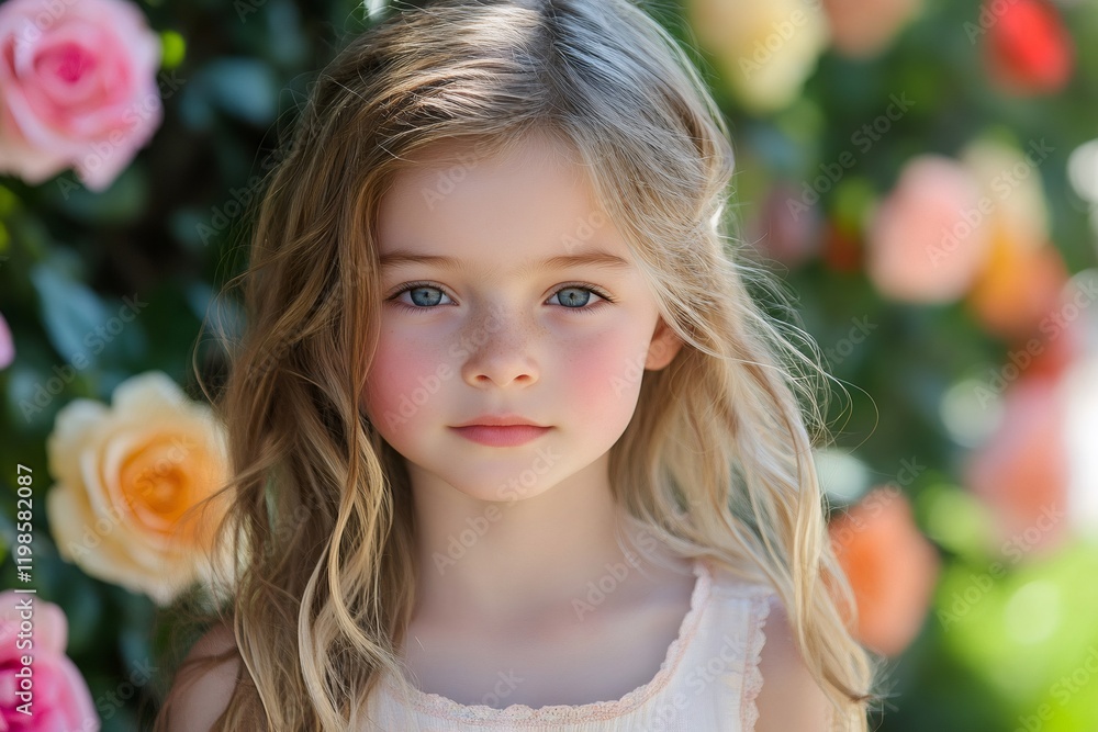 Fototapeta premium Portrait of adorable blonde girl posing in rose garden