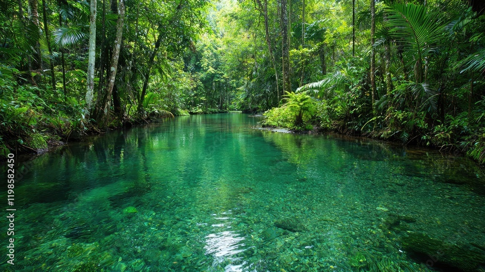 Crystal-clear river flowing through lush rainforest. Peaceful nature scene ideal for travel brochures Crystal-clear river flowing through lush rainforest. Peaceful nature scene ideal for travel brochures