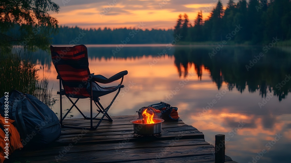 Fototapeta premium Tranquil Sunset Lakeside Camping Scene With Campfire