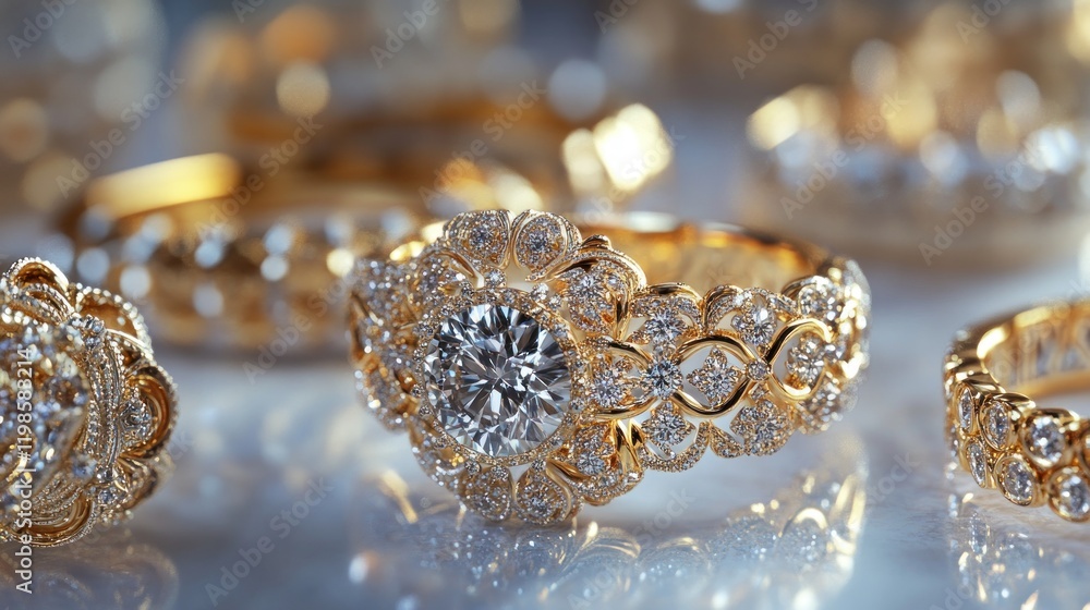 Close-up of sparkling diamond rings in gold setting. Close-up of sparkling diamond rings in gold setting.