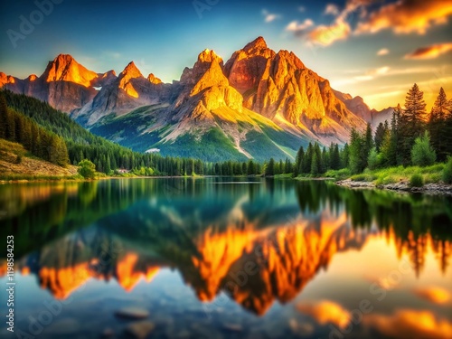 Golden Hour Reflections: Mirror-Like Lake Surrounded by Majestic Mountains - Tilt-Shift Photography