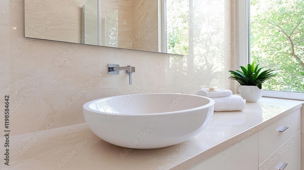 Fototapeta premium Modern bathroom sink, countertop, towels, plants, window view