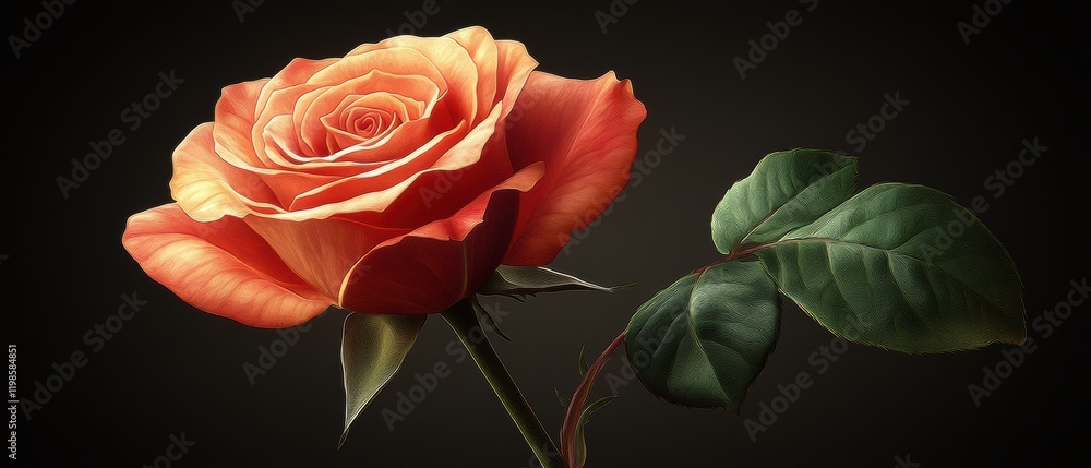 Vibrant Orange Rose Bloom on Dark Background with Lush Green Leaves Vibrant Orange Rose Bloom on Dark Background with Lush Green Leaves