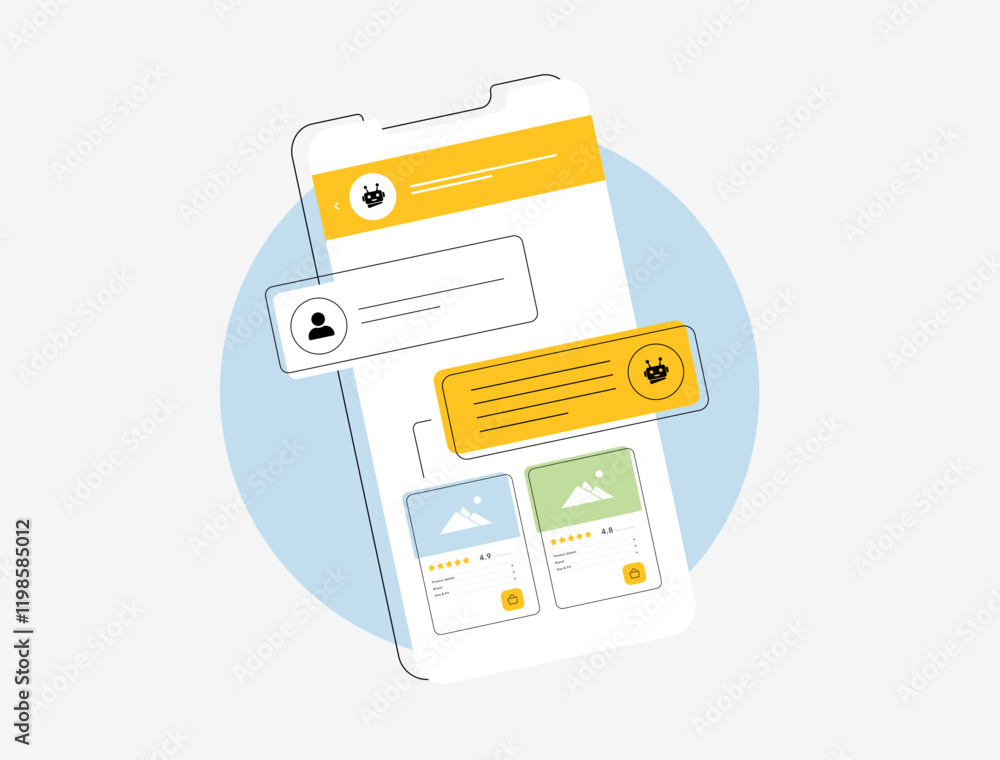 Smart shopping assistants. Virtual agents, AI recommendations and product comparisons highlighting innovations in online retail experiences. E-commerce ai shopping assistants in messenger