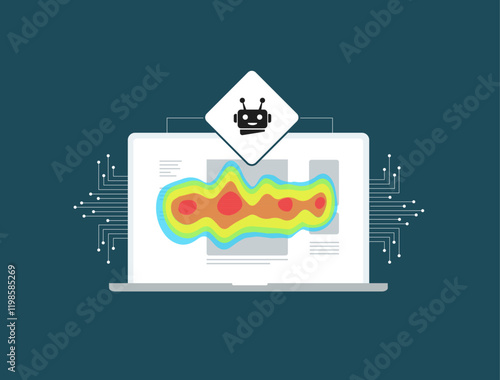 AI-Powered Website Heatmap Analysis. Analyze website heatmaps with AI to understand user interactions. Heatmap highlighting hotspots on webpage. Flat design vector illustration
