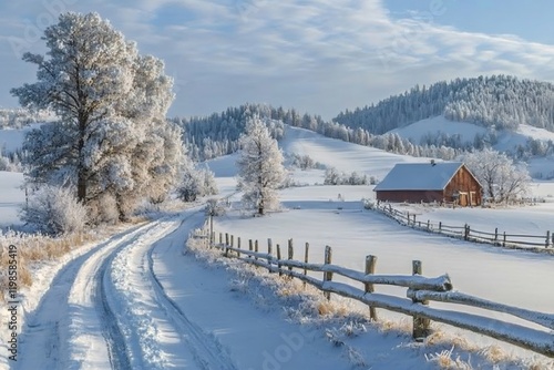 Wallpaper Mural Snowy road leading to a wooden barn in a winter wonderland Torontodigital.ca