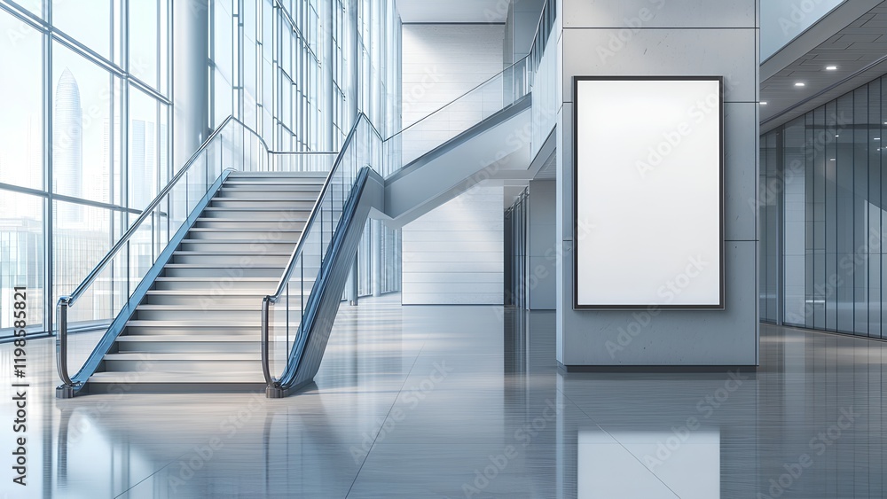 Obraz premium Modern Minimalist Interior with Illuminated Digital Signage and Glass Staircase
