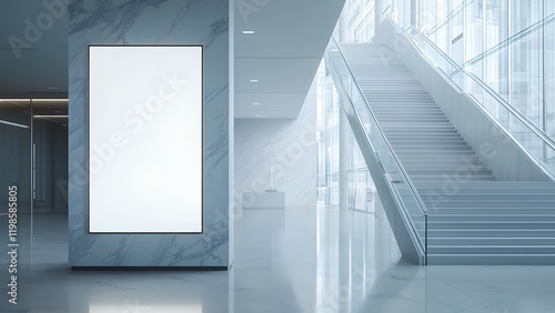 Modern Minimalist Interior with Illuminated Digital Signage and Glass Staircase