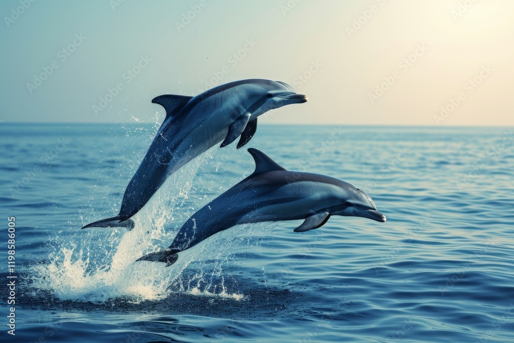Obraz premium Dolphins playfully jumping out of the ocean at sunrise, showcasing their agility and grace as they splash through the water with vivid reflections and a serene backdrop of the early morning sky