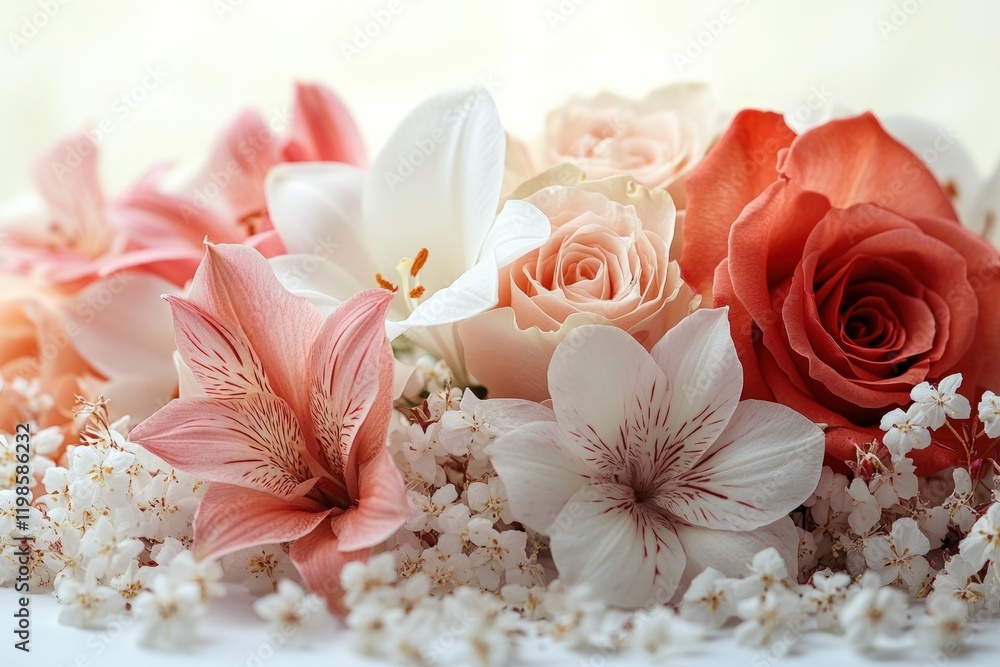 Pastel roses, lilies, and delicate white flowers. Pastel roses, lilies, and delicate white flowers.