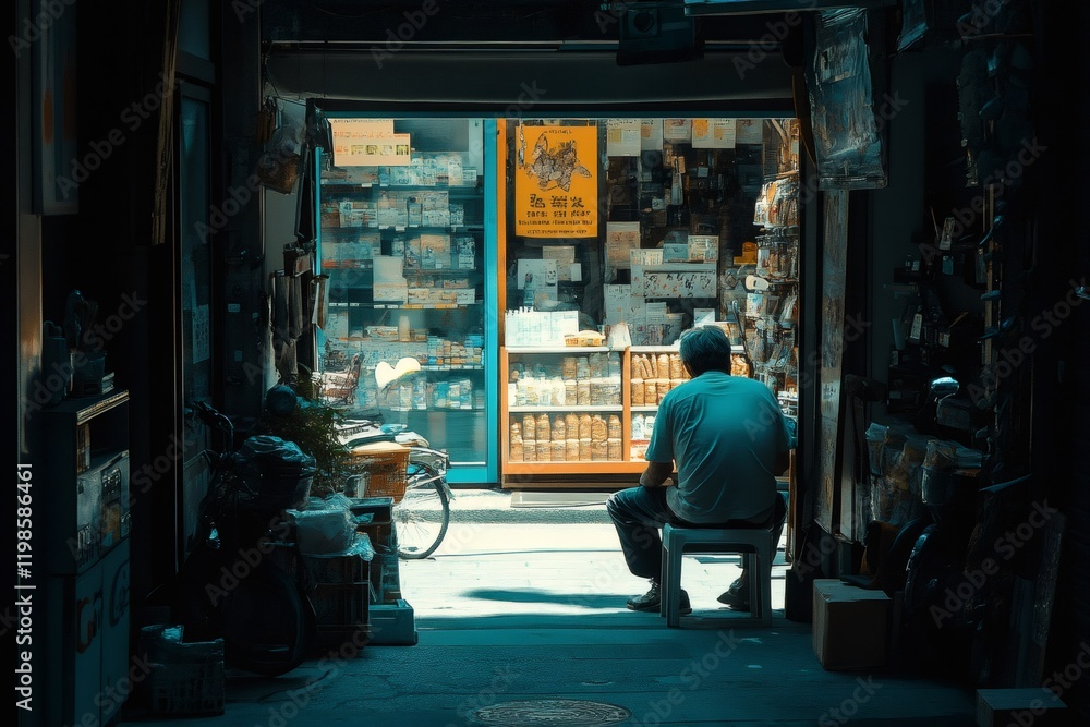 Fototapeta premium Shopkeeper sitting outside his grocery store in a dark alley