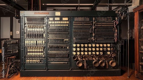 creative depiction of the first computer, the ENIAC, with labeled switches and early programming tools