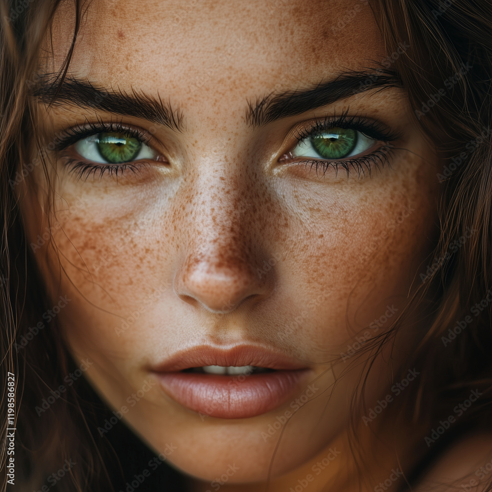 Fototapeta premium A woman with green eyes and a greenish tint to her skin.