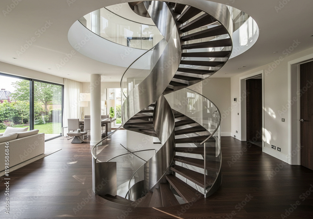 A glimpse into a sophisticated and elegant living space, featuring a contemporary spiral staircase, featuring a striking spiral staircase