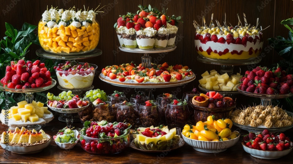 A delightful array of colorful cakes, pastries, and fruit platters arranged on a wooden table for a special event A delightful array of colorful cakes, pastries, and fruit platters arranged on a wooden table for a special event