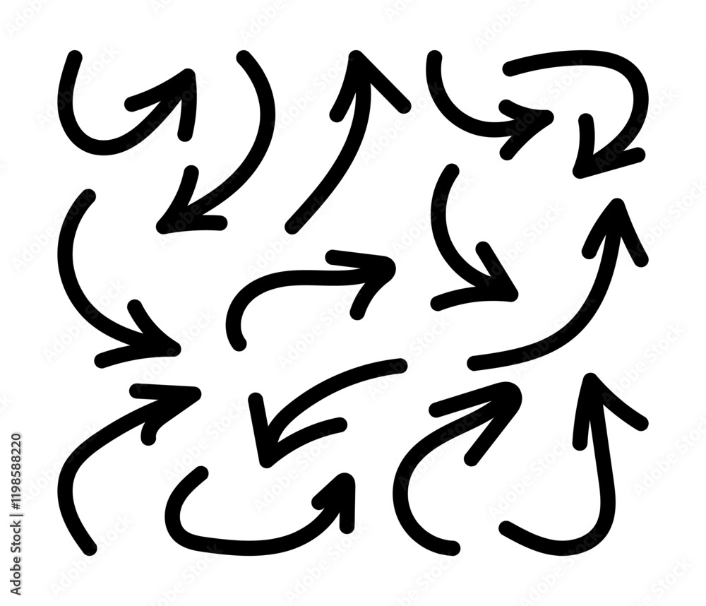 Hand drawn curve arrow set. Black doodle icons isolated on white background. Vector illustrations collection Hand drawn curve arrow set. Black doodle icons isolated on white background. Vector illustrations collection