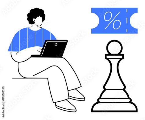Person working on laptop, percentage ticket for discounts, and a chess pawn representing strategic planning. Ideal for business, marketing, strategy, education, finance, online shopping competitive