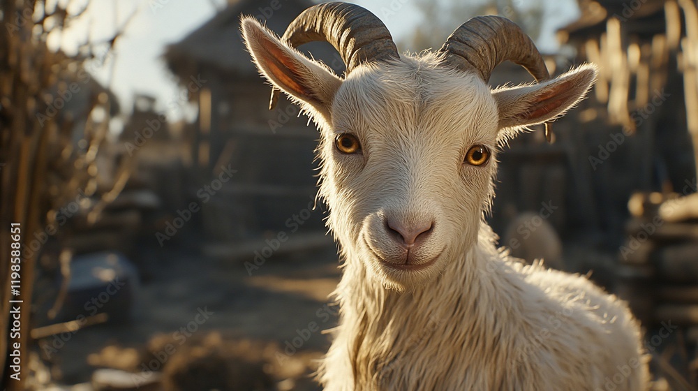 Cute goat smiles, village background, sunset Cute goat smiles, village background, sunset
