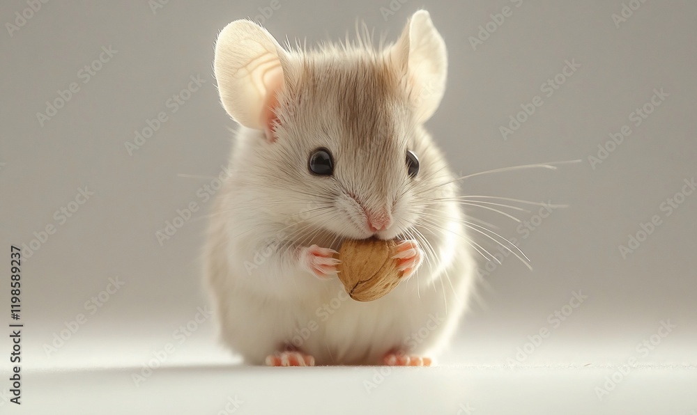 Obraz premium Cute mouse eating nut, studio shot