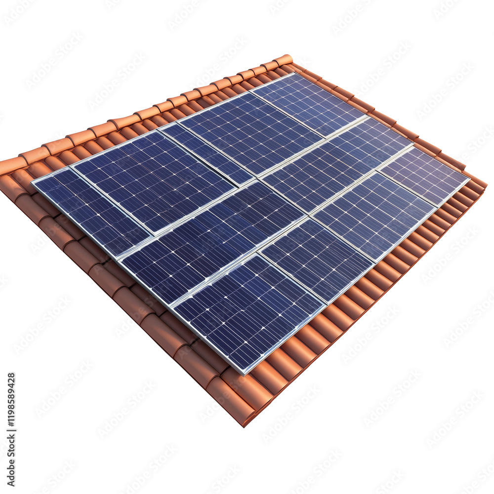 A 3D rendering shows solar panels seamlessly integrated into a brown tiled roof demonstrating sustainable energy solutions. A 3D rendering shows solar panels seamlessly integrated into a brown tiled roof demonstrating sustainable energy solutions.
