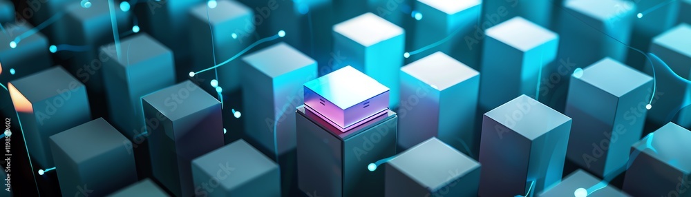 Futuristic 3D illuminated cube landscape with glowing neon lights, representing modern technology and digital innovation. Futuristic 3D illuminated cube landscape with glowing neon lights, representing modern technology and digital innovation.