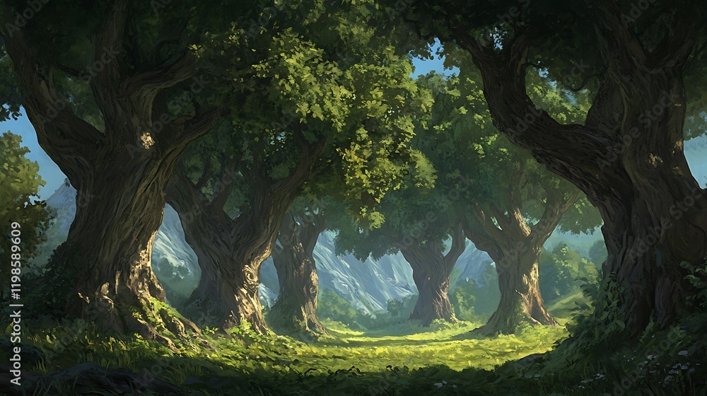 Fototapeta premium Sunlit path through a grove of ancient, majestic trees in a tranquil valley landscape.