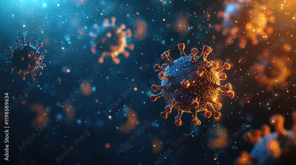 Dust pollution idea. Microbial illustration depicting virus structures in vibrant colors on a dark background. Dust pollution idea. Microbial illustration depicting virus structures in vibrant colors on a dark background.
