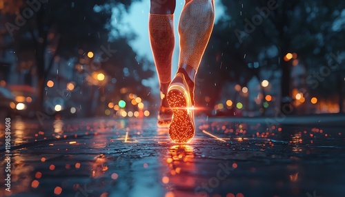 AI-rendered 3D visualization of knee pain during a walk on a pathway. photo