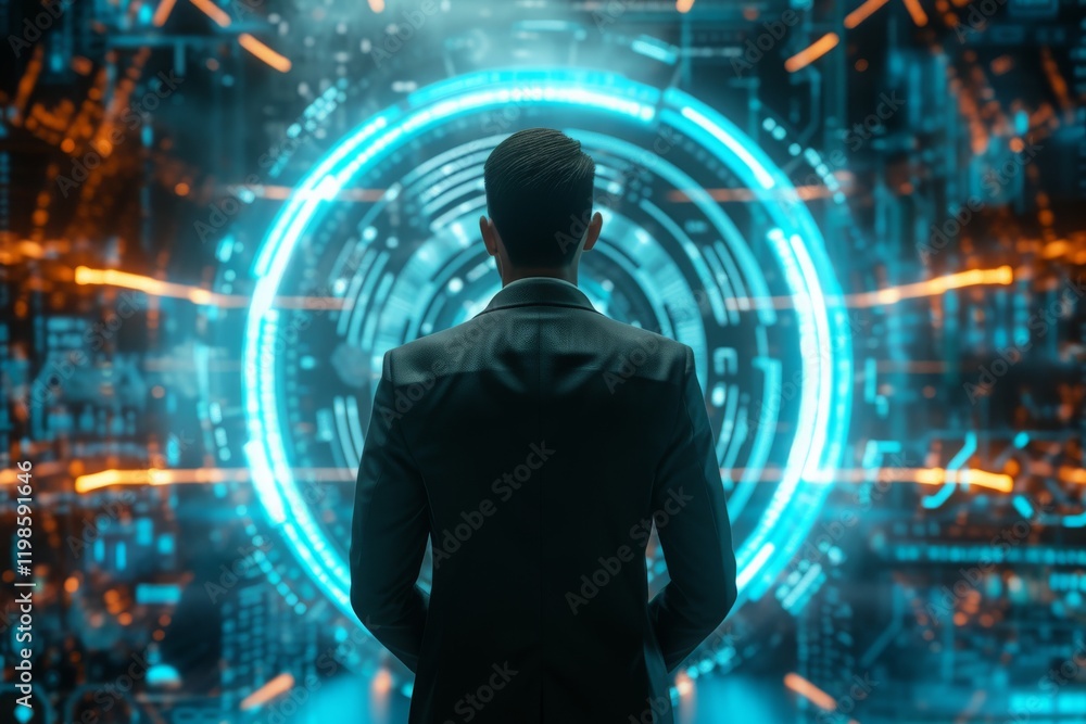 A businessman gazes at a futuristic digital interface in a high-tech environment, contemplating innovative solutions in a sci-fi inspired setting A businessman gazes at a futuristic digital interface in a high-tech environment, contemplating innovative solutions in a sci-fi inspired setting
