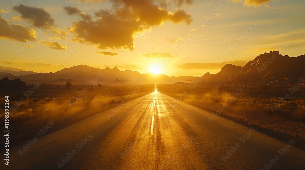 Fototapeta premium Desert highway sunset, journey, adventure, hope