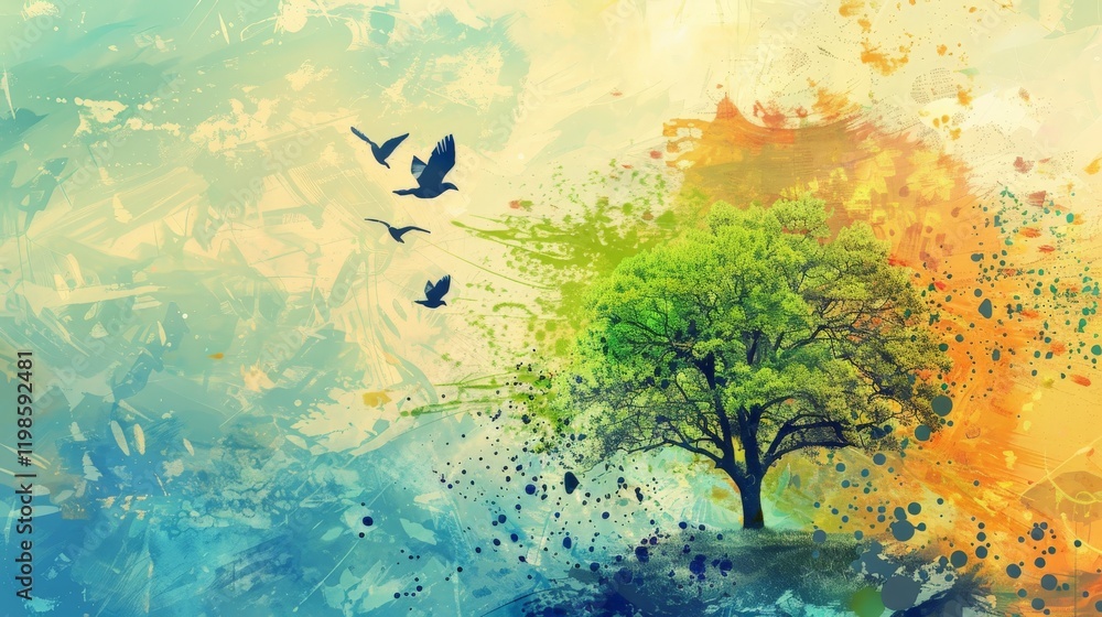 Abstract art of a tree with birds flying, a splash of color background. Abstract art of a tree with birds flying, a splash of color background.