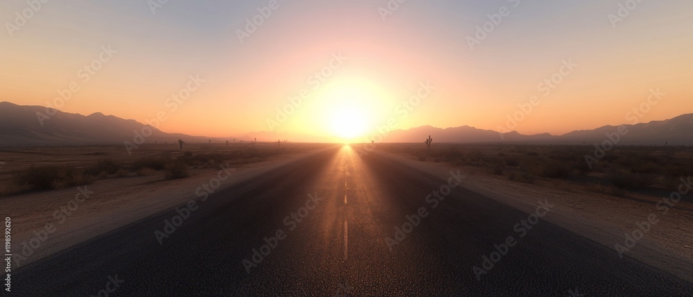 Fototapeta premium Desert highway sunset; road trip; mountains