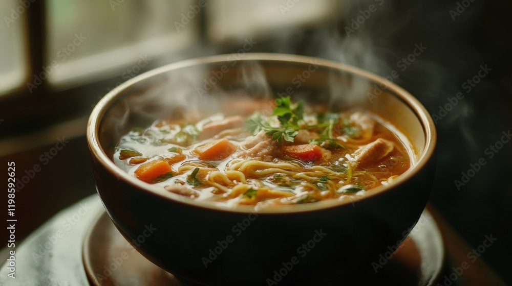 Close up of hot chicken soup on a bowl Close up of hot chicken soup on a bowl