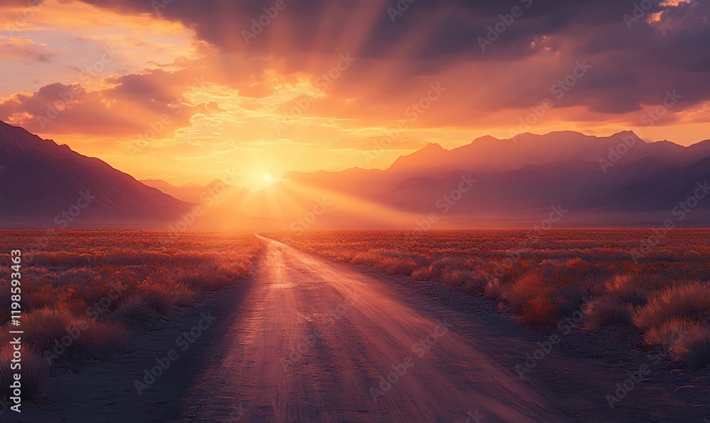 Desert road sunset, mountain backdrop, vibrant colors, travel photography Desert road sunset, mountain backdrop, vibrant colors, travel photography